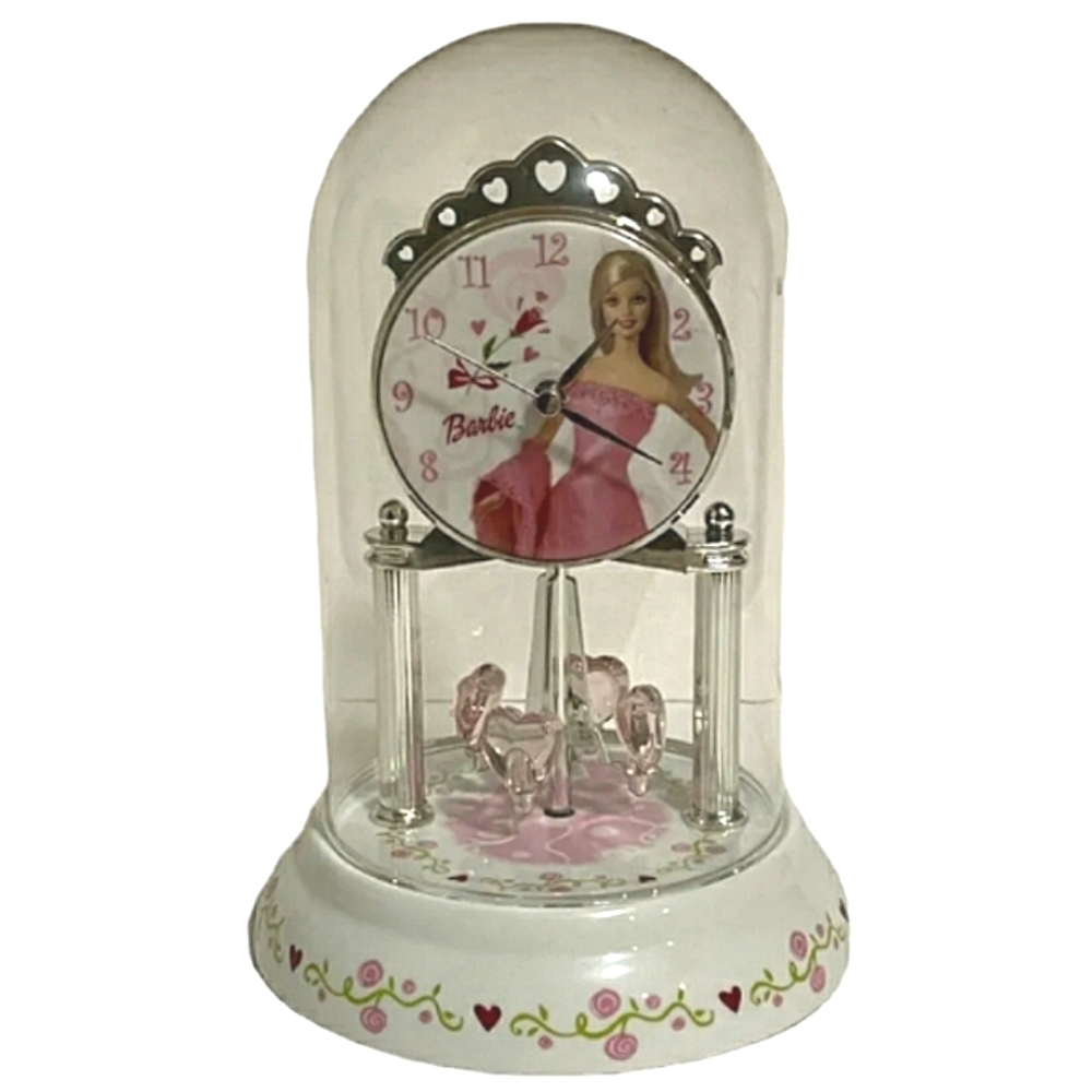 Barbie Anniversary Spinning Pendulum Heart Gems Glass Dome Clock